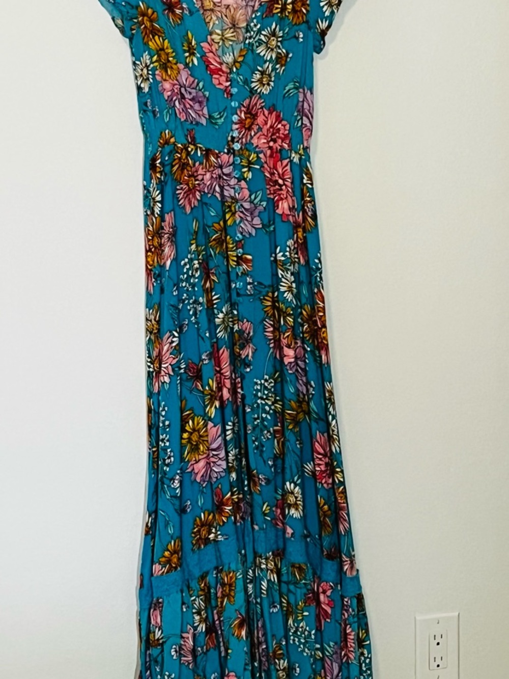 Jaase Carmen Janis Beautiful Pink Teal Floral Maxi Dress Embroidered Cap Slvs Sm - Picture 3 of 13